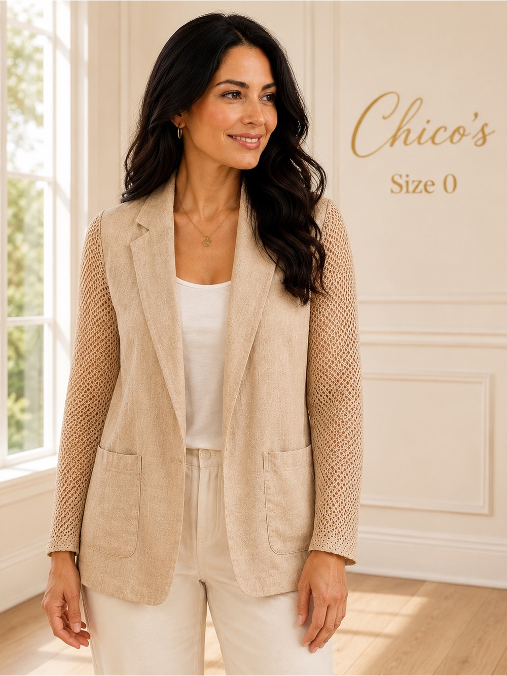 Chico’s Size 0 Small 4/6 Linen Blazer Mesh Back Sleeves Beige Jacket